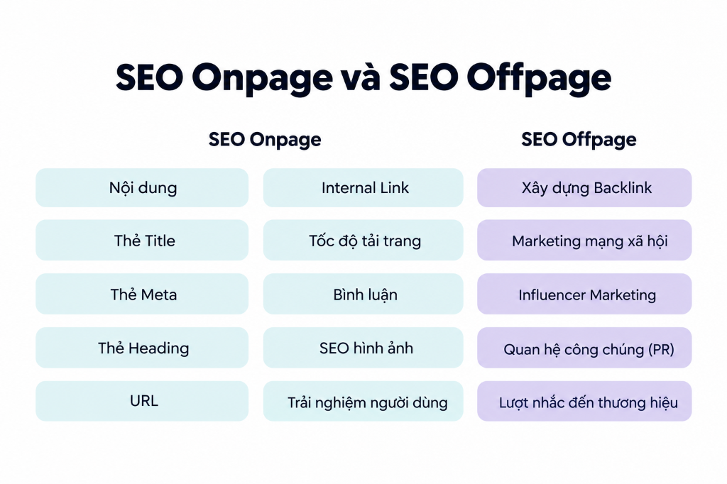 Bảng so sánh phân biệt SEO Onpage và SEO Offpage