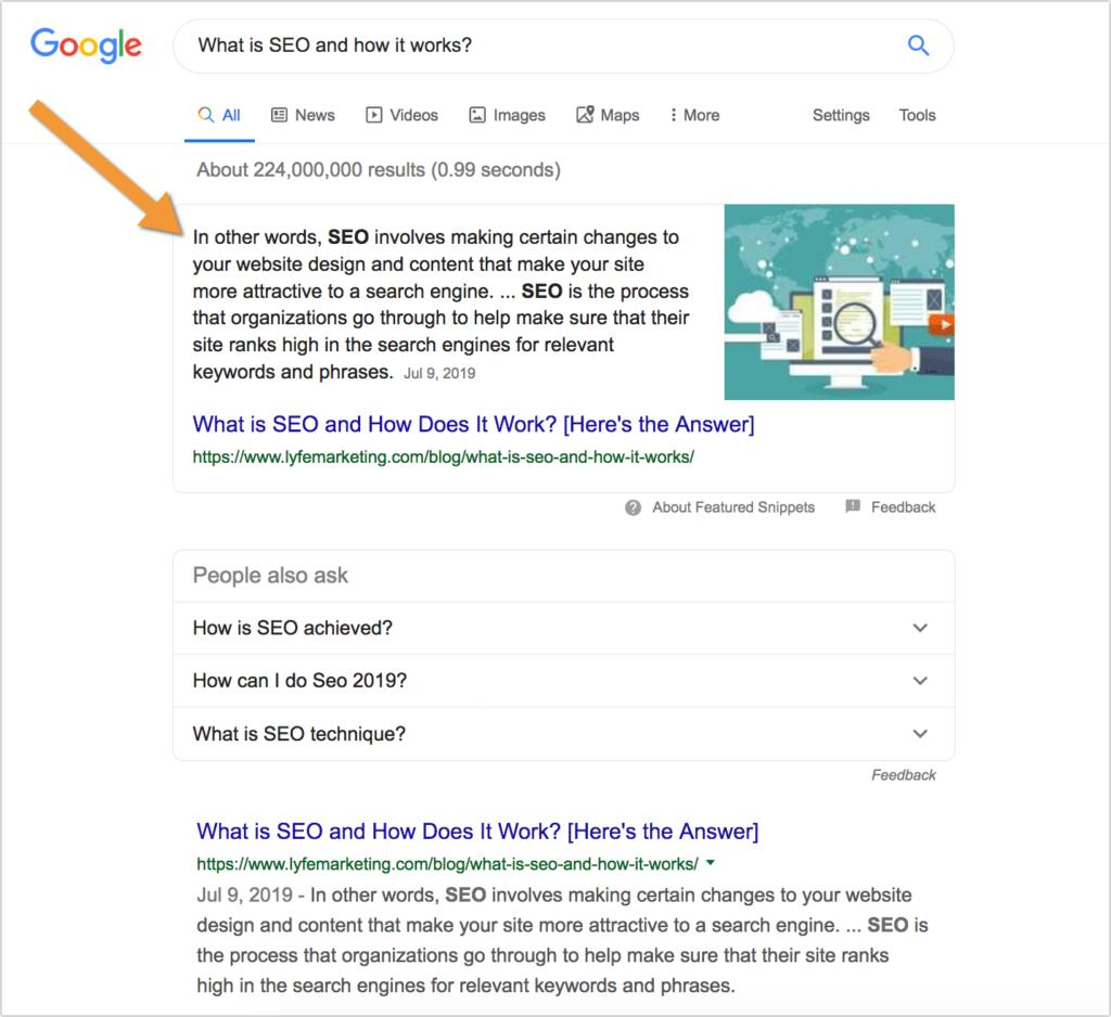 Ví dụ hiển thị đoạn trích nổi bật Featured Snippet trên kết quả tìm kiếm Google