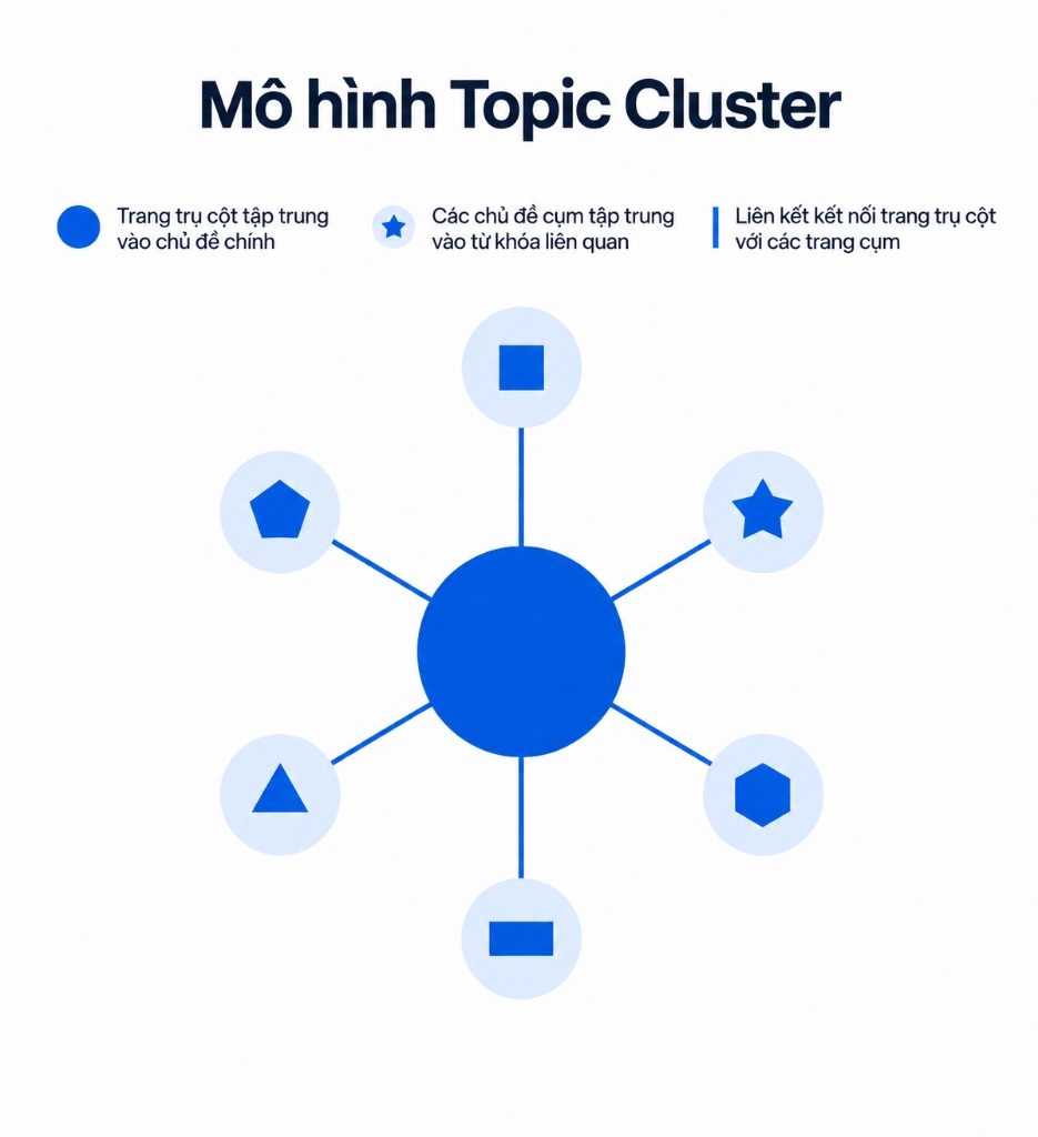 Mô hình Topic Cluster gồm trang trụ cột Pillar Page và các bài viết vệ tinh cụm chủ đề