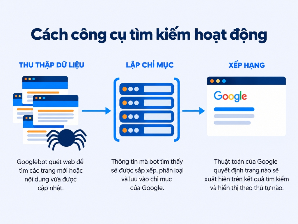 Cơ chế hoạt động của Google Tìm kiếm gồm thu thập dữ liệu lập chỉ mục và xếp hạng