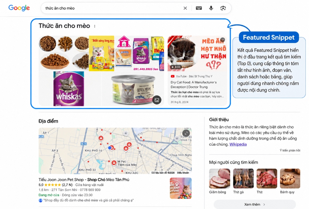 Khối Featured Snippet hiển thị ở đầu trang kết quả tìm kiếm cung cấp hình ảnh và thông tin tóm tắt