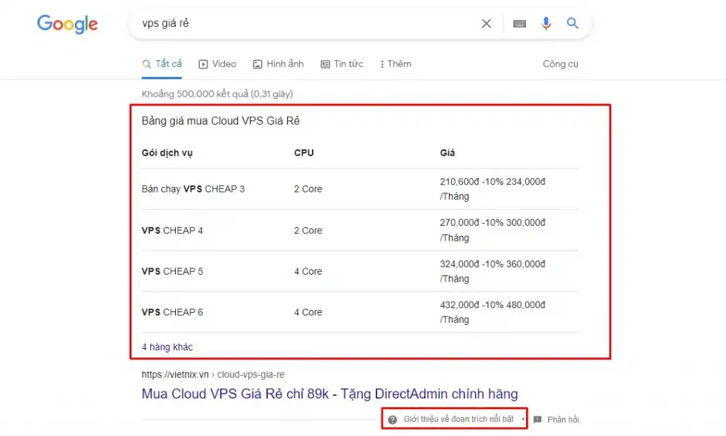 Featured Snippet dạng bảng Table hiển thị trực tiếp bảng giá dịch vụ hoặc dữ liệu so sánh trên Google