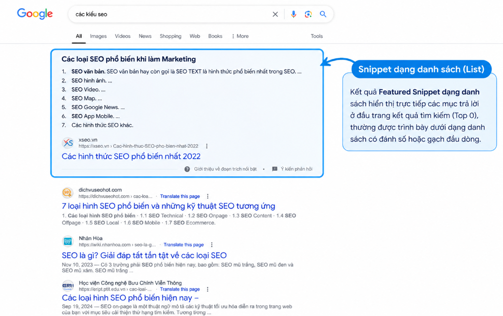 Featured Snippet dạng danh sách List hiển thị các bước hoặc danh mục liệt kê ở đầu kết quả tìm kiếm