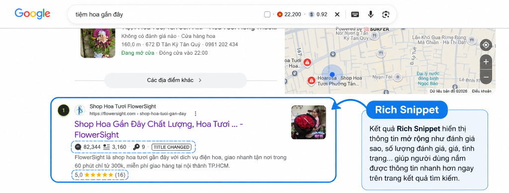 Kết quả Rich Snippet hiển thị thông tin mở rộng như đánh giá sao, số lượng đánh giá và giá tiền