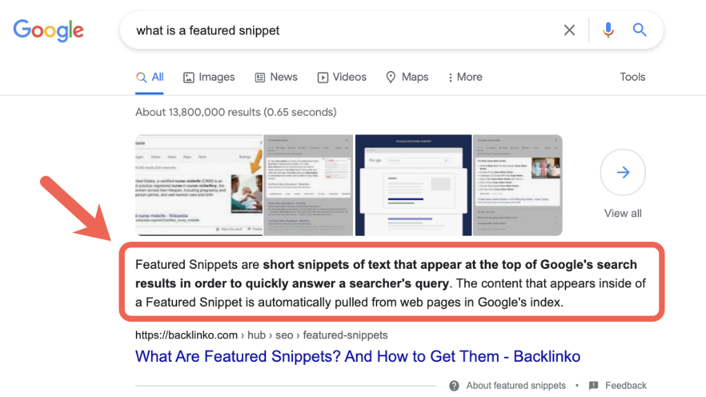 Ví dụ về đoạn trích Featured Snippet hiển thị trực tiếp câu trả lời ở đầu kết quả tìm kiếm Google