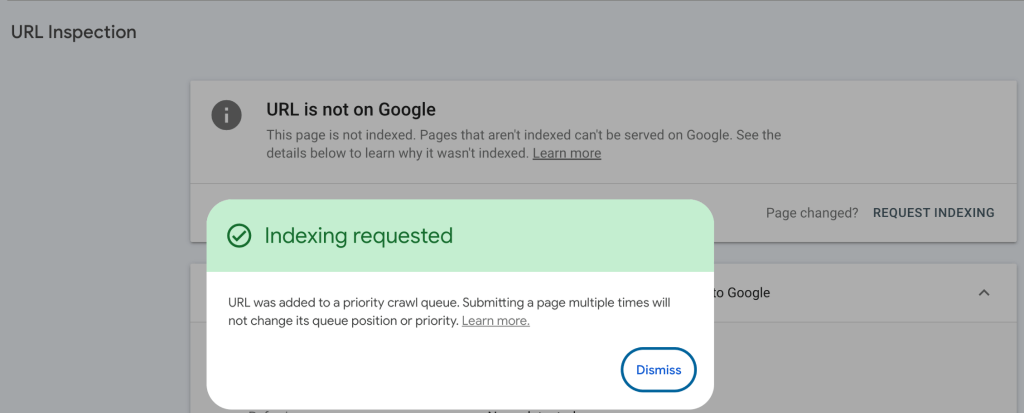Giao diện yêu cầu lập chỉ mục Indexing requested trong Google Search Console