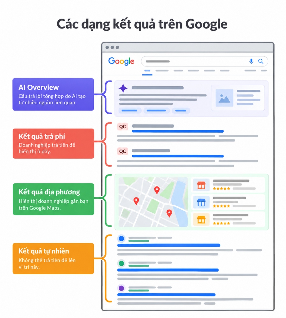 Các dạng kết quả tìm kiếm trên Google: AI Overview, quảng cáo trả phí, kết quả địa phương và kết quả tự nhiên